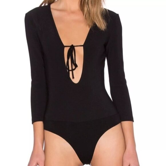 Lovers + Friends Revolve Bodysuit Ribbed Plunging Neck Black Women's Small - Picture 1 of 6